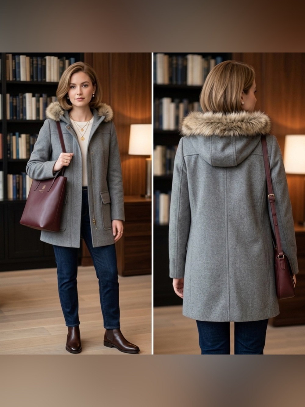 J. Crew Women’s 8 Mercantile Vail Gray Wool Hooded Fur Chateau Pea Coat Parka